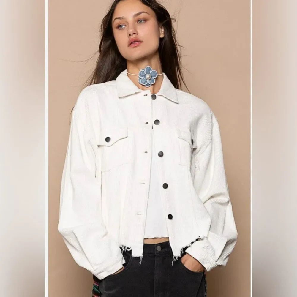 POL Flippie Hippie oversized distressed corduroy jacket in white  size Large